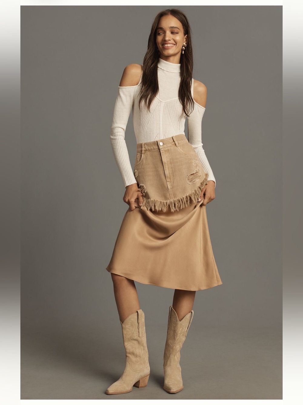 Pilcro Frayed Denim Overlay Satin Midi Skirt in Camel